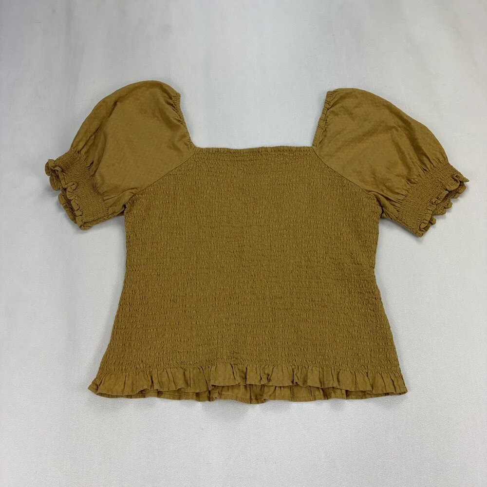 Madewell Smocked Puff Sleeve‎ Top Mustard Square Neck L